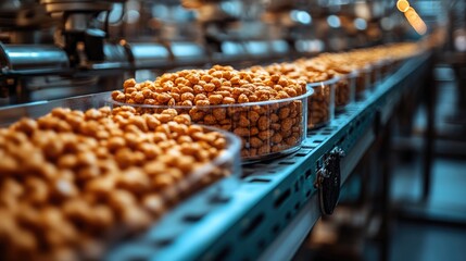 Fototapeta premium Freshly made popcorn being processed on a conveyor belt in a busy factory environment