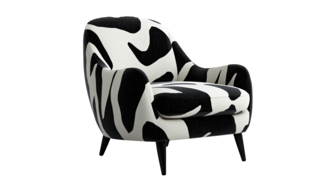 A stylish chair with a unique black and white cow print design. transparent background