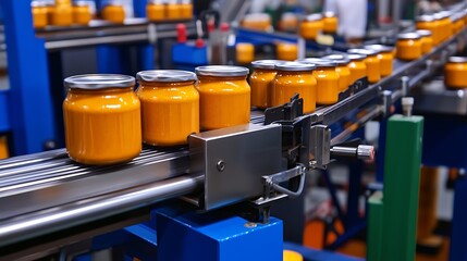 Fototapeta premium Jars of orange sauce on a conveyor belt in a modern food processing facility, workers in background