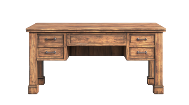 Elegant wooden desk with multiple drawers for storage and workspace organization. transparent background
