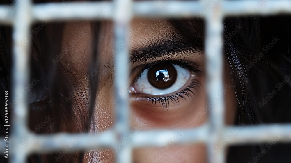 Poster Closeup of a child's eye showing emotion and depth through a metal grate confinement : Generative AI