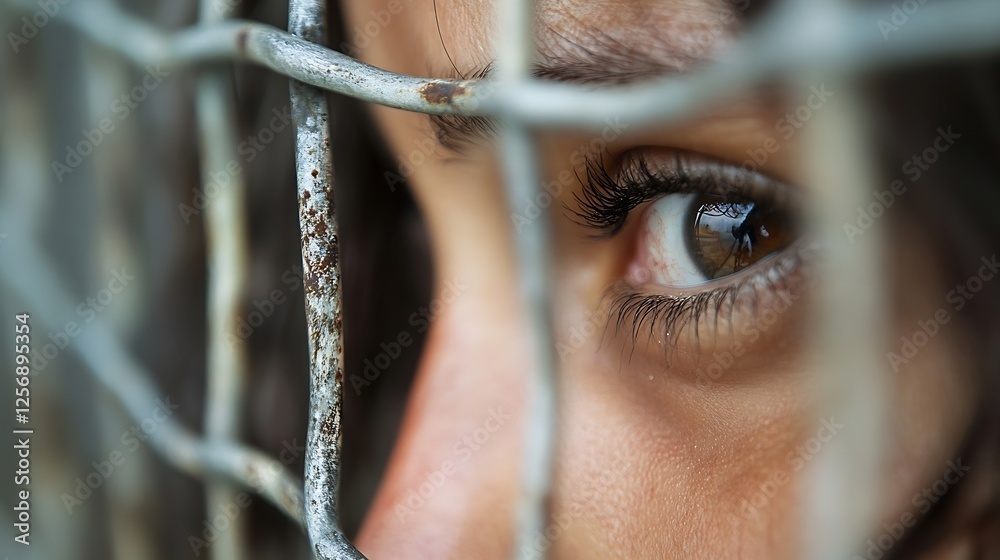 Poster intense closeup of a young girl's eye framed by a wire fence emphasizing vulnerability and deep emot