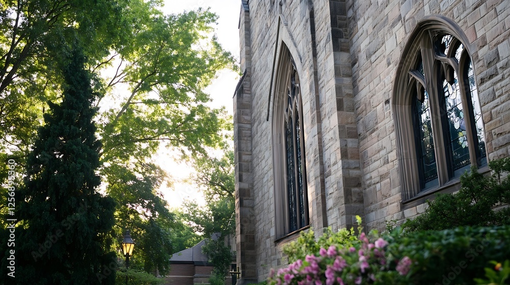 Aufkleber beautiful stone building with gothic architecture surrounded by green trees and flowers : generative