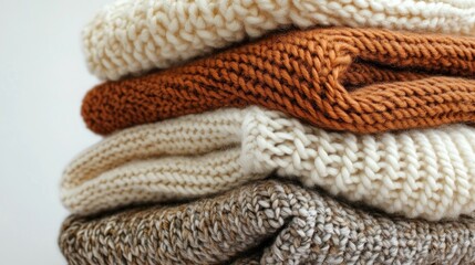 Stacked Knitted Sweaters, Neutral Colors, Clothing Display, Interior Setting
