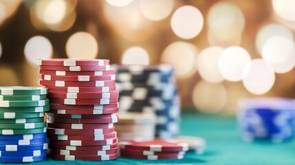 A closeup of stacked poker chips on a gaming table with blurred lights in the background creating an exciting atmosphere : Generative AI