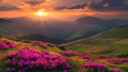 Sunset Over a Mountain Range with a Field of Pink Flowers
