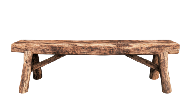 Rustic wooden bench ideal for outdoor spaces and natural decor. transparent background