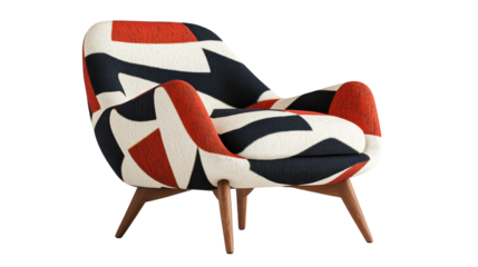 Stylish modern chair featuring a colorful geometric pattern and wooden legs. transparent background