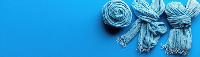 Blue scarves arranged on blue background. Fashion, winter