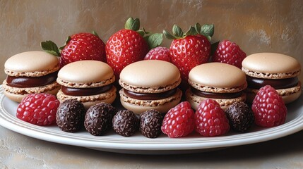 A beautifully arranged platter of macarons and fresh berries on a textured background