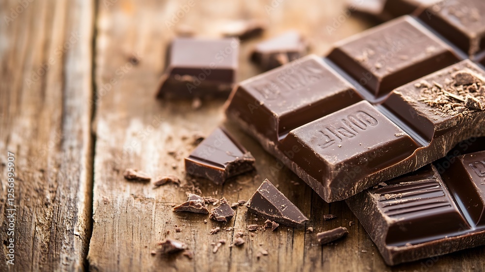 Poster CloseUp of HighQuality Dark Chocolate Bars and Pieces on Rustic Table and Textured Wood Background : Generative AI