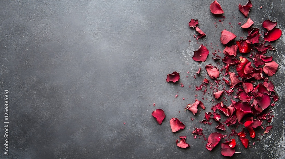 Poster scattered red rose petals on dark gray surface creating a romantic and elegant atmosphere for celebr