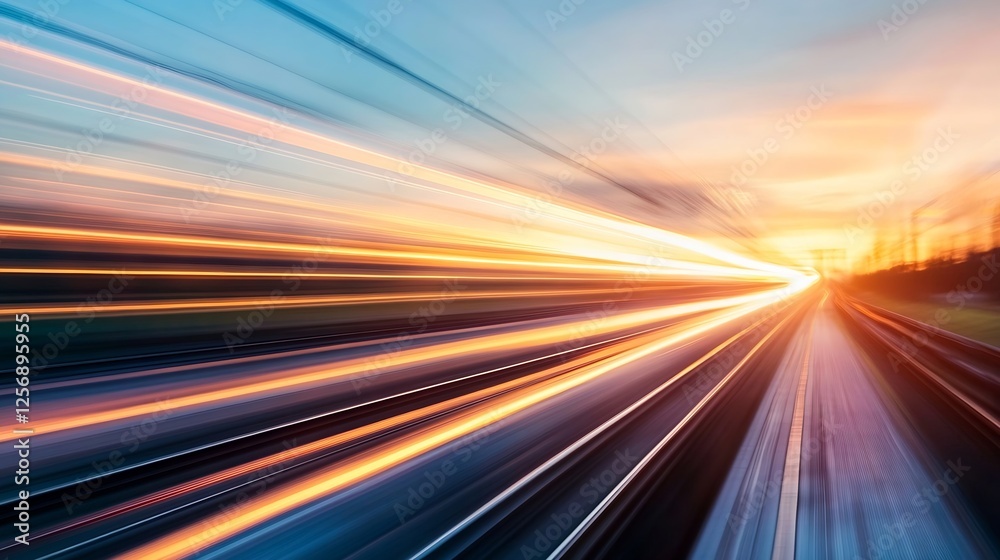 Aufkleber Dynamic light trails showcasing a vibrant sunset over railway tracks creating a sense of motion and speed : Generative AI