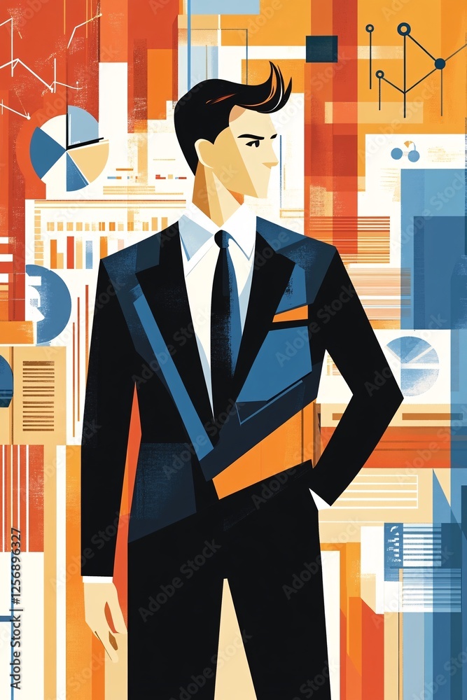 Poster businessman standing with hand in pocket surrounded by charts and graphs
