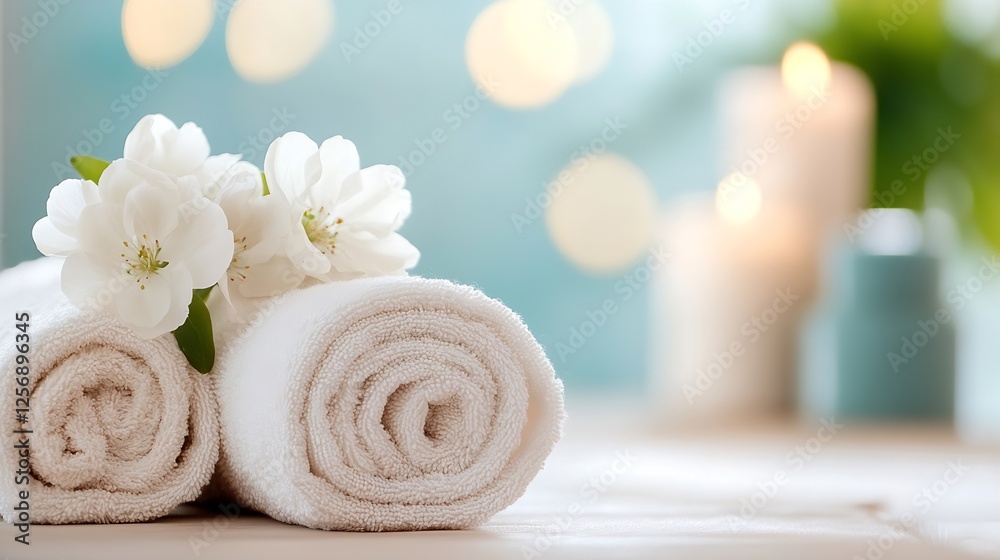 Poster serene spa setting with rolled towels and beautiful flowers creating a calming atmosphere for relaxa