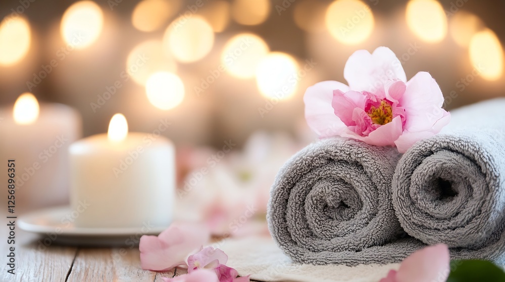 Fototapete relaxing spa scene with soft towels flowers and candle creating a serene atmosphere for wellness : g