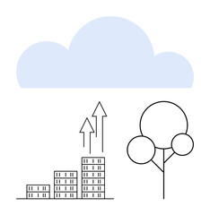 Bar chart with upward arrows, tree, and cloud. Ideal for growth, sustainability, eco-innovation, cloud computing, business success, data-driven progress and abstract line flat metaphor