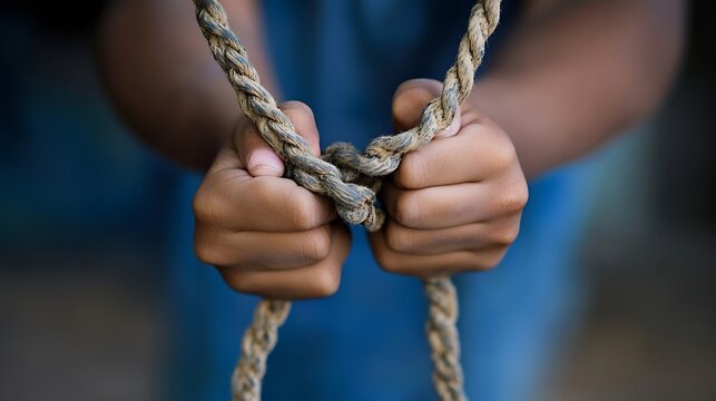 Child's hands tying knots in thick ropes showcasing craftsmanship and outdoor activity : Generative AI