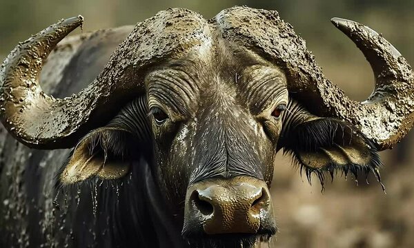 A close-up of a buffalo bull, Syncerus caffer, with mud-covered horns and head, generated by AI.