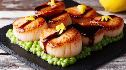 Gourmet Food Concept, Deliciously plated scallops on a bed of green peas with a glaze, garnished with lemon, served on a dark slate.