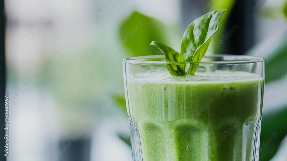 Poster refreshing and nutritious green smoothie with fresh basil leaf on top for a healthy lifestyle : gene