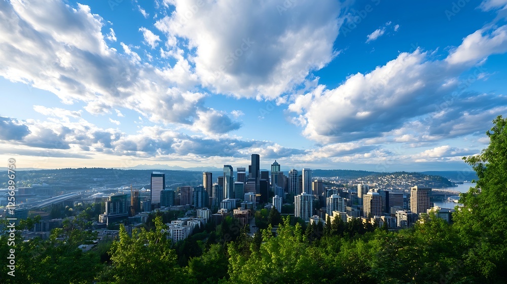 Poster panoramic cityscape of seattle with dynamic clouds and lush green trees under a clear blue sky : gen