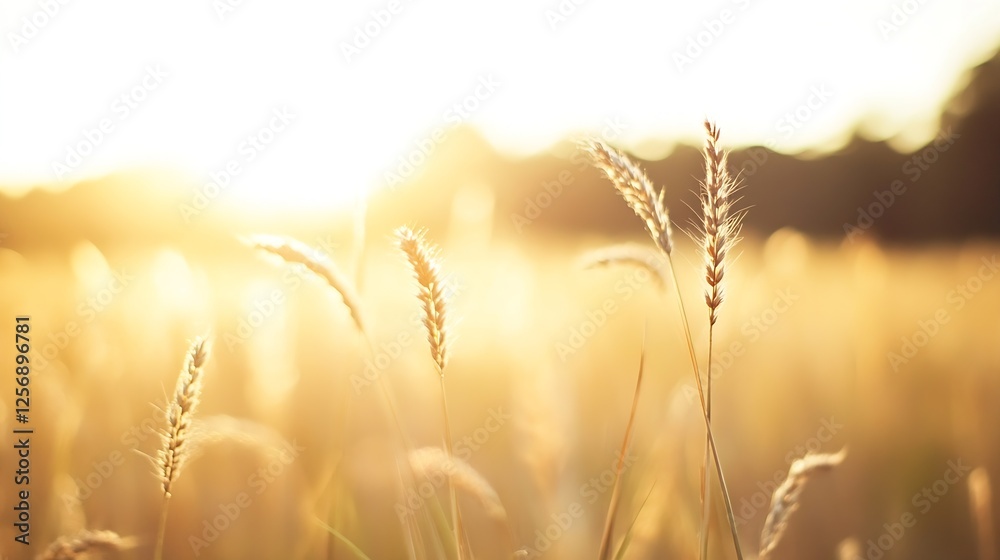 Poster golden wheat field illuminated by soft sunlight creating a serene atmosphere of a rural landscape : 