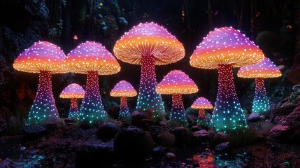 Vibrant, glowing mushrooms illuminate a mystical forest, surrounded by colorful flora and fauna
