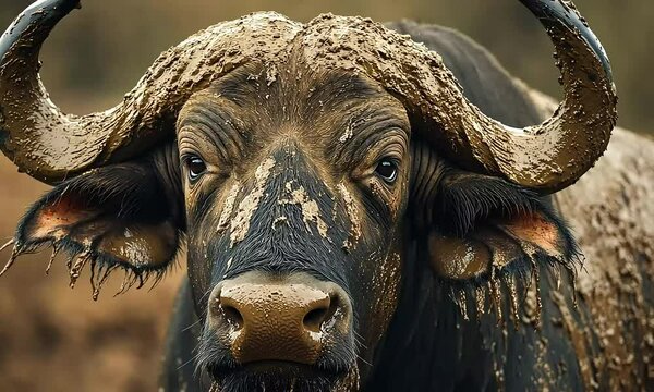 A close-up of a buffalo bull, Syncerus caffer, with mud-covered horns and head, generated by AI.