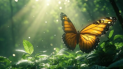 Vibrant butterfly perched on lush green leaves in sunlit forest, surrounded by gentle rays of light