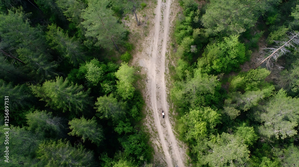 Poster aerial view of a winding dirt path surrounded by lush green trees in a tranquil forest landscape : g