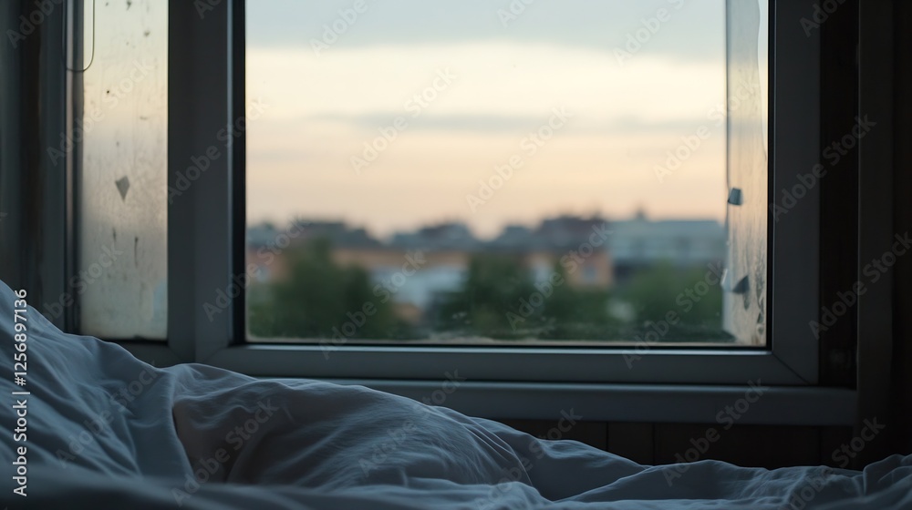 Leinwandbilder cozy view from a window featuring soft bedding and a sunset backdrop : generative ai