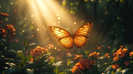 A vibrant butterfly gracefully hovering over colorful flowers in a sunlit forest, evoking serenity