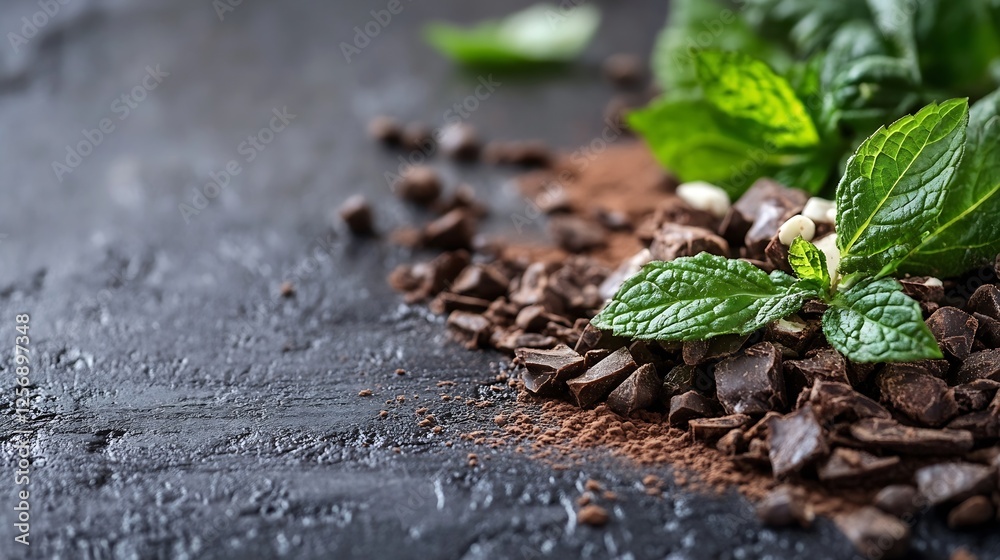 Poster closeup of fresh peppermint leaves and chocolate pieces on a dark textured background for culinary u