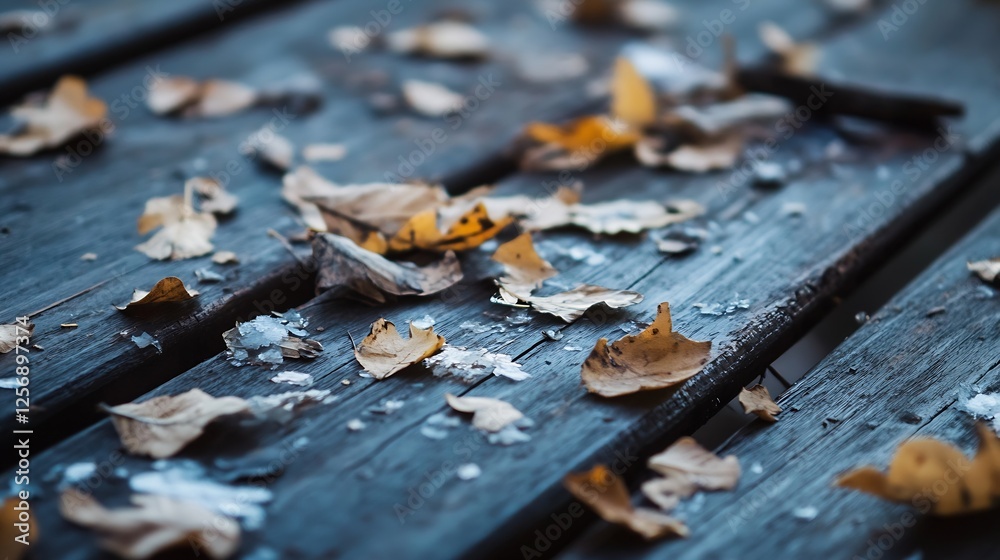 Poster dry autumn leaves scattered on a wooden deck creating a seasonal atmosphere in nature : generative a