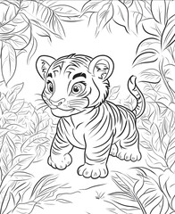 coloring page for kids tiger cartoon style thick line low detail no shading
