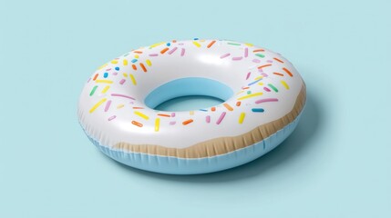 Inflatable donut pool float against light blue background.  Possible use Summer fun