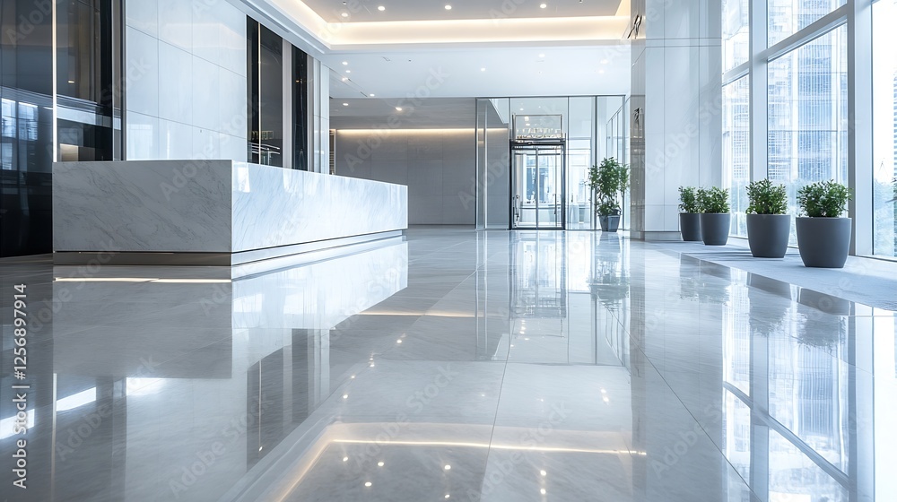 Poster Modern and Sleek Lobby Interior Design with Elegant Finishing and Neutral Color Palette : Generative AI