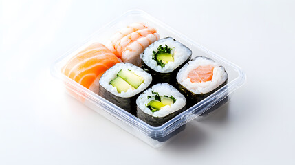 Fresh sushi rolls in biodegradable transparent package, featuring shrimp, salmon, and cucumber. Perfect for sushi lovers