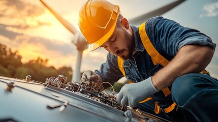 Elegant and Refined Composition of an Engineer Securing Electrical Components Inside a Wind Turbine Warm Golden Light Sunset Casting a Professional Ambiance