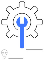 Gear and blue wrench highlight repair, maintenance, and technical optimization. Ideal for engineering, solutions, development, troubleshooting, innovation, teamwork abstract line flat metaphor
