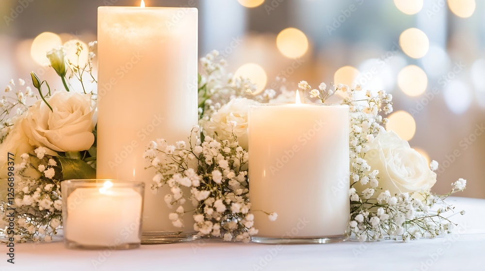 Poster elegant display of white candles surrounded by beautiful flowers creating a serene atmosphere for ev