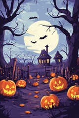 Fototapeta premium Halloween night with pumpkins leading to a haunted house