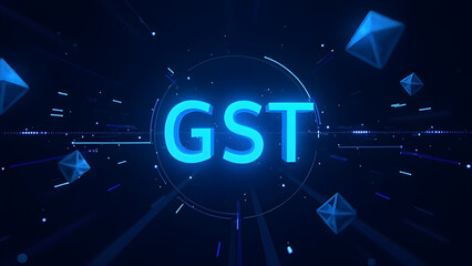 Gst illustration on digital technology background, goods and service tax, inflation, economy, businesses, tariffs.