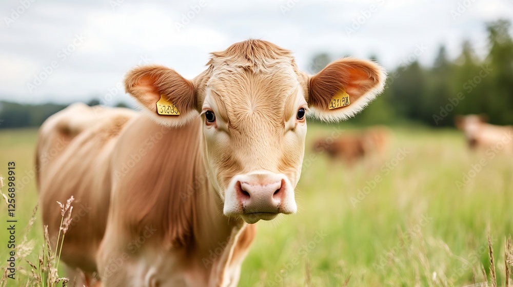 Aufkleber Closeup of a curious calf standing in a green field with a rustic countryside backdrop : Generative AI