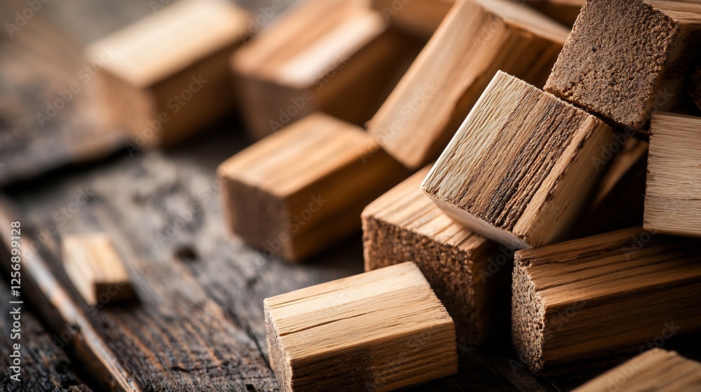 Aufkleber Closeup of finely cut wooden blocks stacked together on rustic wooden surface for craft and design : Generative AI