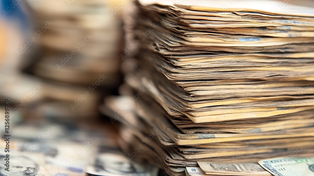 Aufkleber Detailed view of neatly arranged banknotes in bundles creating a textured surface of wealth and abundance : Generative AI