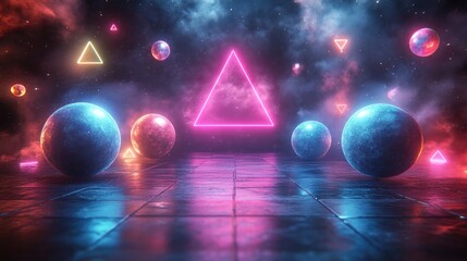 Vibrant neon geometric shapes and spheres in a surreal cosmic landscape with glowing effects