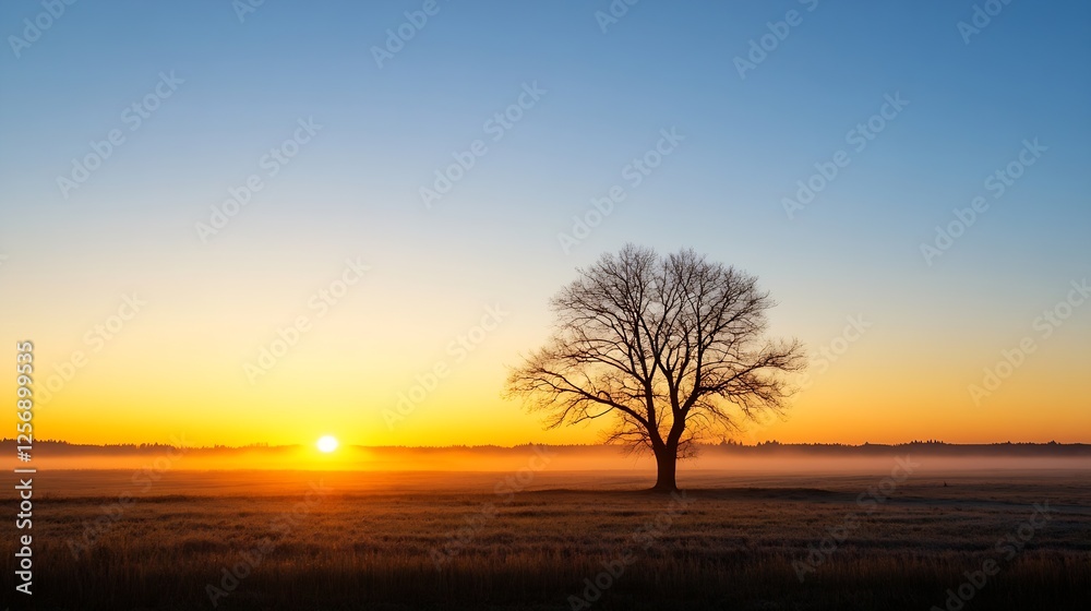 Poster stunning sunset casting a warm glow over a lone tree standing in a peaceful field with clear sky bac
