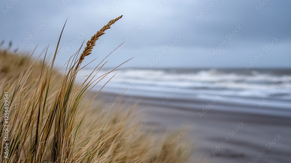 Poster golden grasses swaying gently in the breeze against the backdrop of a moody beach and ocean waves : 